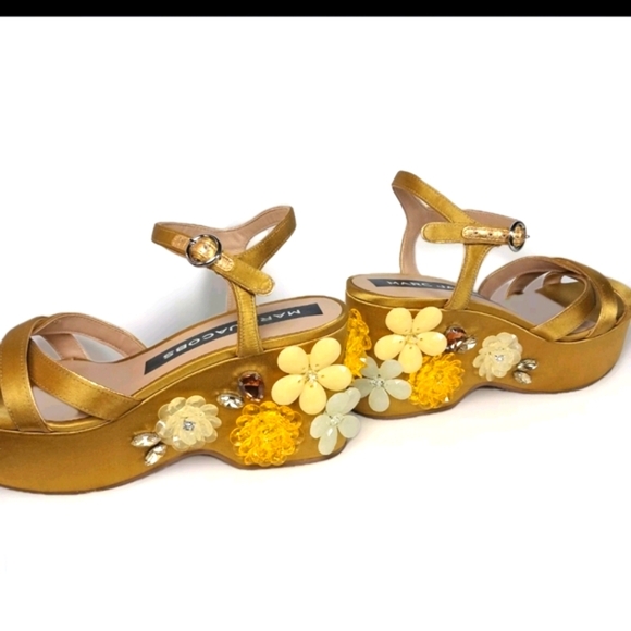 Marc Jacobs Gold Satin Embellished Platform Sandals - Picture 4 of 11